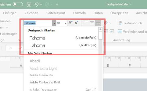Screenshot Excel Designschrift Tahoma