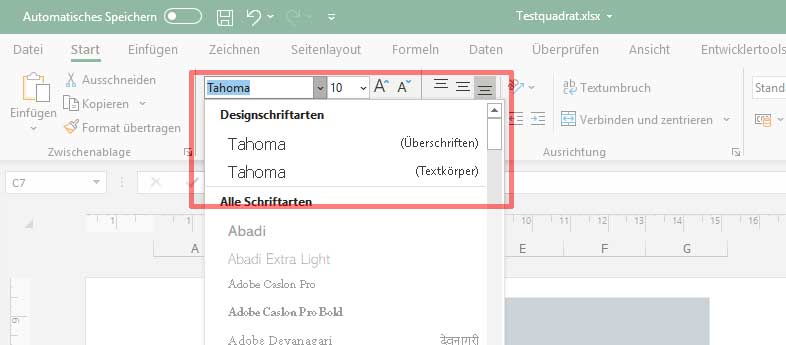 Screenshot Excel Designschrift Tahoma