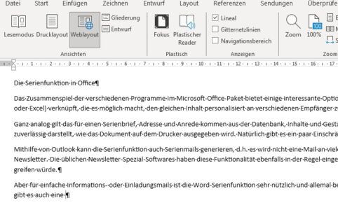 Screenshot von Weblayoutansicht in Word