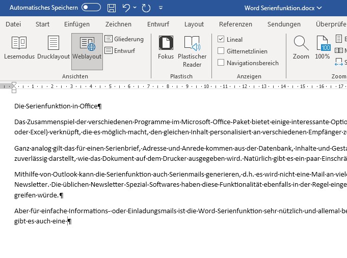 Screenshot von Weblayoutansicht in Word