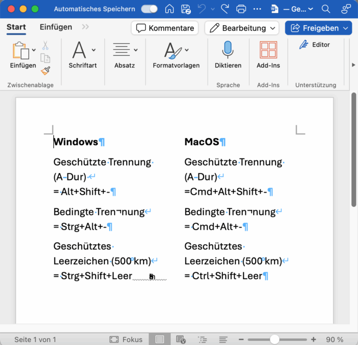 Screenshot der Wordtastaturkürzel mit den Steuerzeichen von MacOS.
