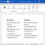 Screenshot der Wordtastaturkürzel mit den Steuerzeichen von Windows.