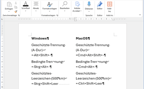 Screenshot der Wordtastaturkürzel mit den Steuerzeichen von Windows.