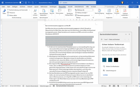 Bildschirmansicht von Word-Datei mit Barriereprüfung und Markierung von Kontrastproblem