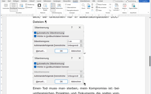 Screenshot der beide Optionen der Silbentrennzone zeigt