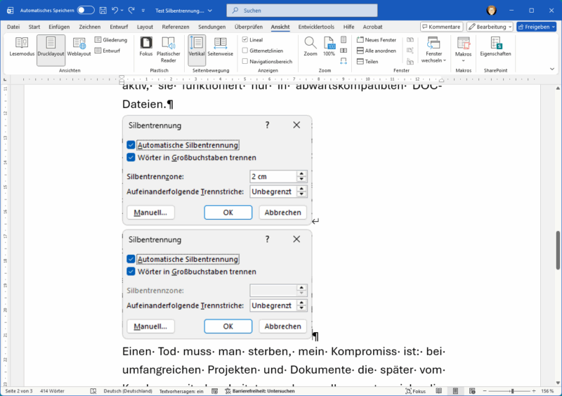 Screenshot der beide Optionen der Silbentrennzone zeigt