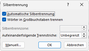 Dialog Silbentrennzone DOCX-Datei