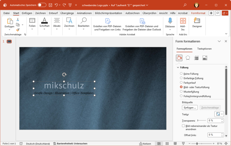 Screenshot eines Textplatzhalters mit Bildfüllung auf einem Foto