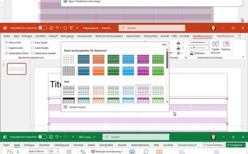 Screenshot der Tabellenentwurfsreitereinstellungen in Word, PowerPoint und Excel