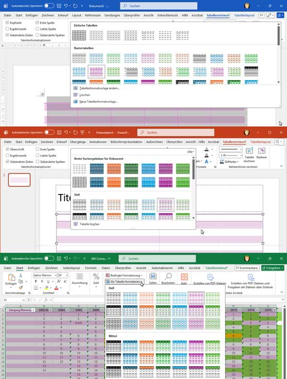 Screenshot der Tabellenentwurfsreitereinstellungen in Word, PowerPoint und Excel